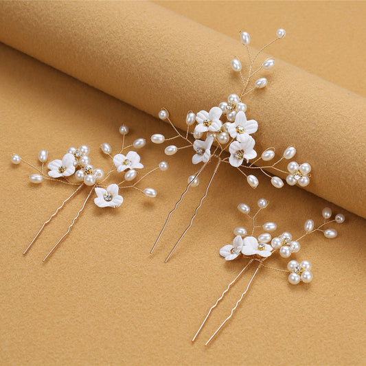 Bridal Four-leaf Flower Blue Color With Pinky White Flowers U-shaped Hair Clasp